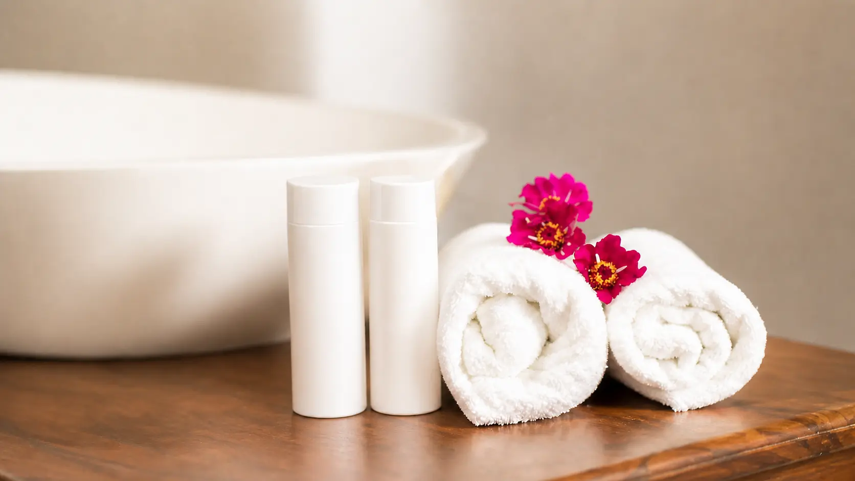 Fresh towels and bathroom amenities