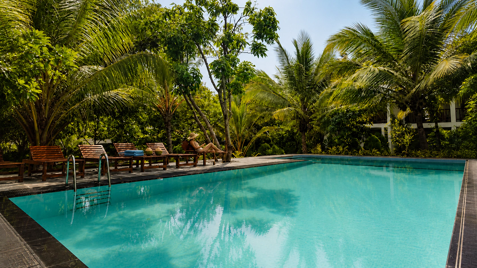 Pool surrounded by the Habarana garden