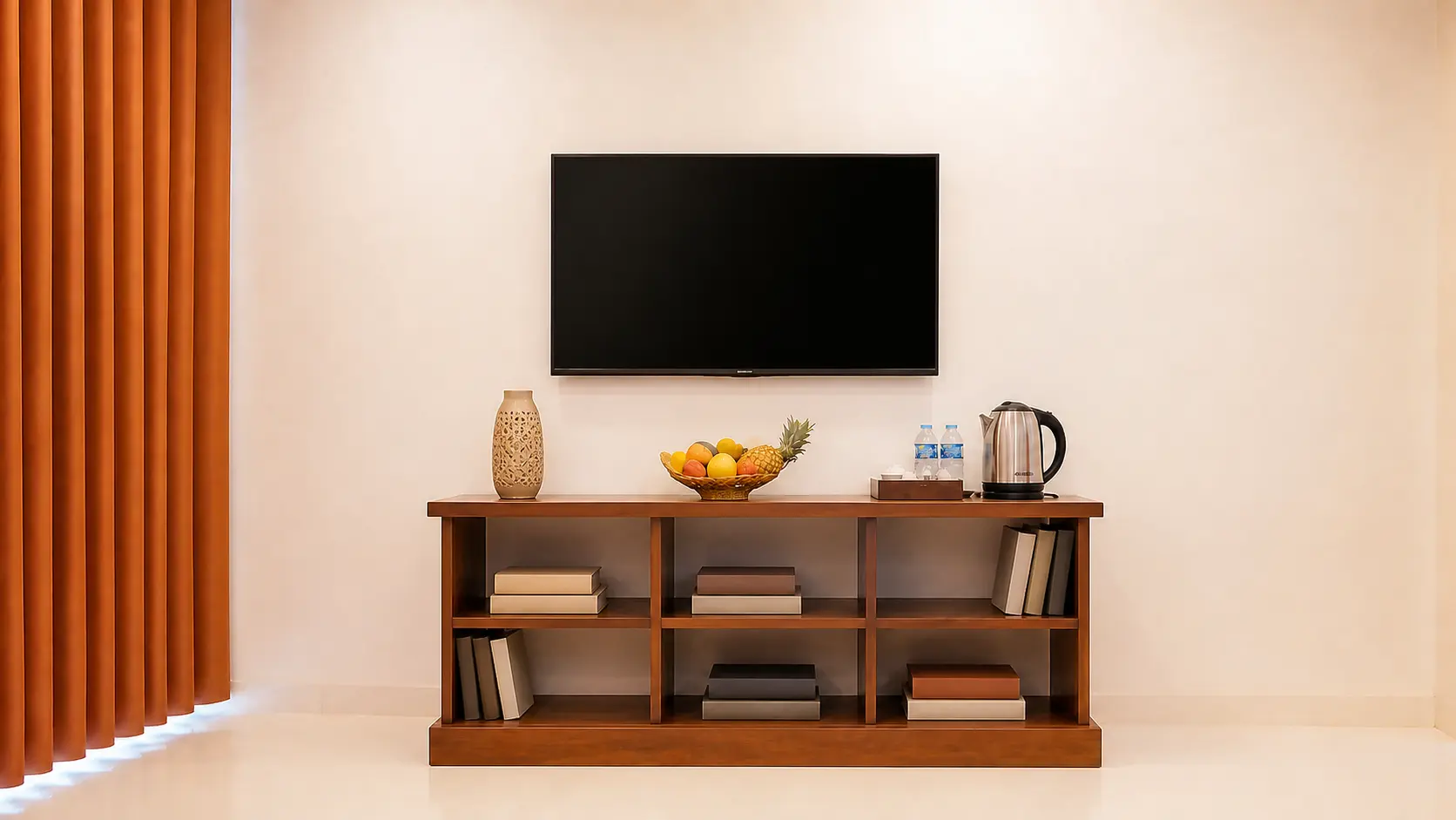 Television, kettle and refreshments in a guest room